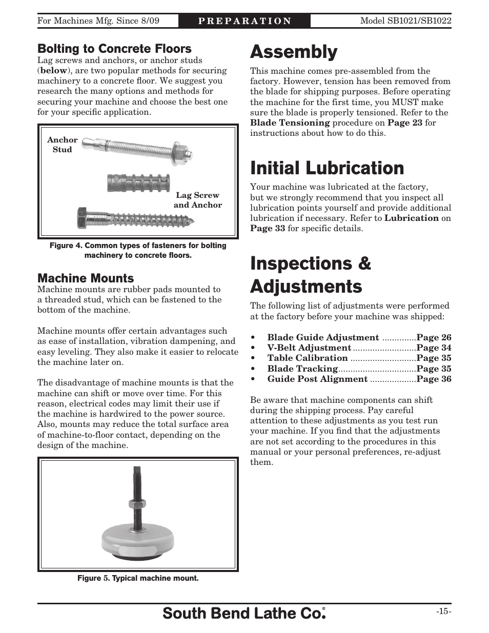 Assembly, Inspections & adjustments, Initial lubrication | Bolting to concrete floors, Machine mounts | Southbend SB1022 User Manual | Page 17 / 64