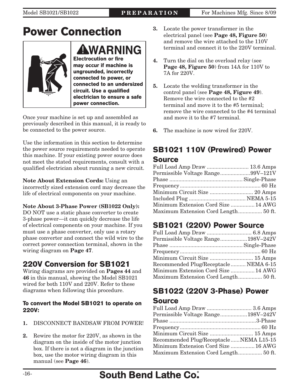 Power connection | Southbend SB1022 User Manual | Page 18 / 64