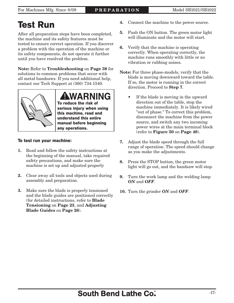 Test run | Southbend SB1022 User Manual | Page 19 / 64