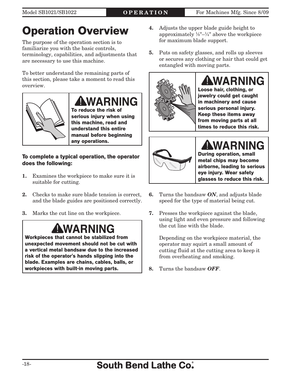 Operation overview | Southbend SB1022 User Manual | Page 20 / 64