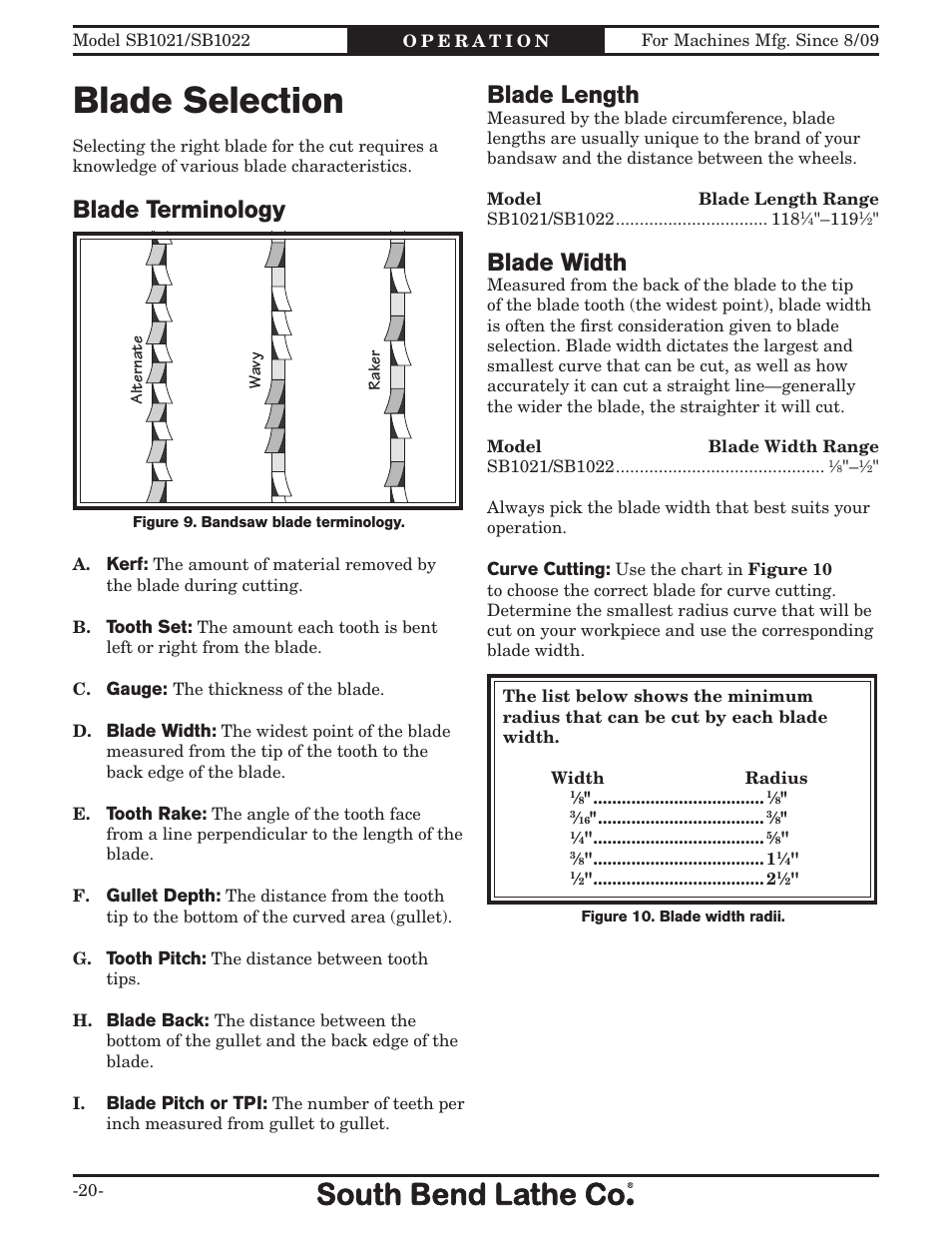 Blade selection, Blade terminology, Blade length | Blade width | Southbend SB1022 User Manual | Page 22 / 64