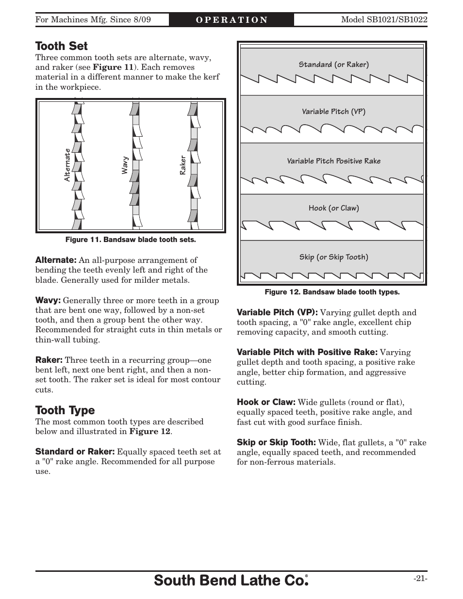 Tooth set, Tooth type | Southbend SB1022 User Manual | Page 23 / 64