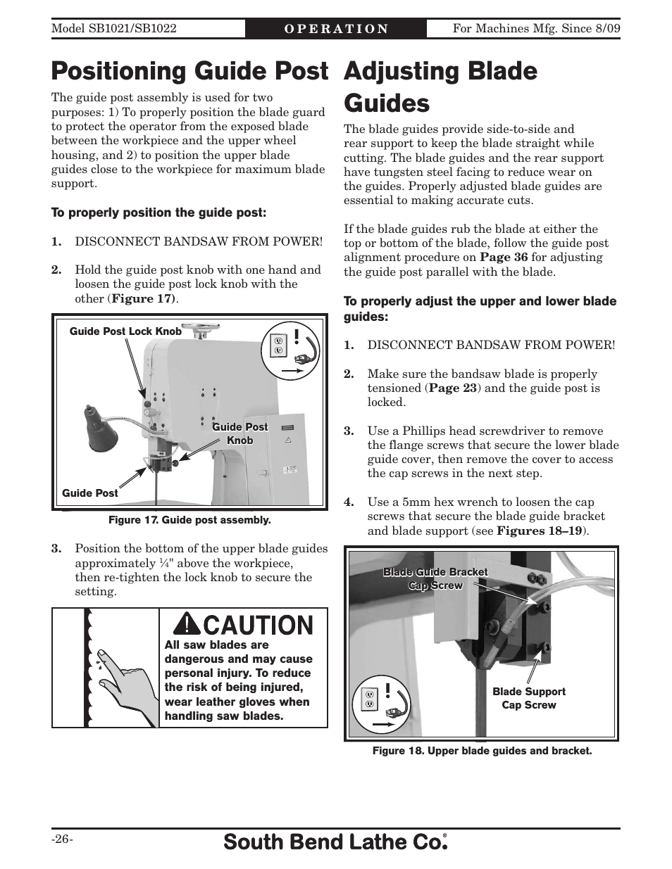 Positioning guide post, Adjusting blade guides | Southbend SB1022 User Manual | Page 28 / 64