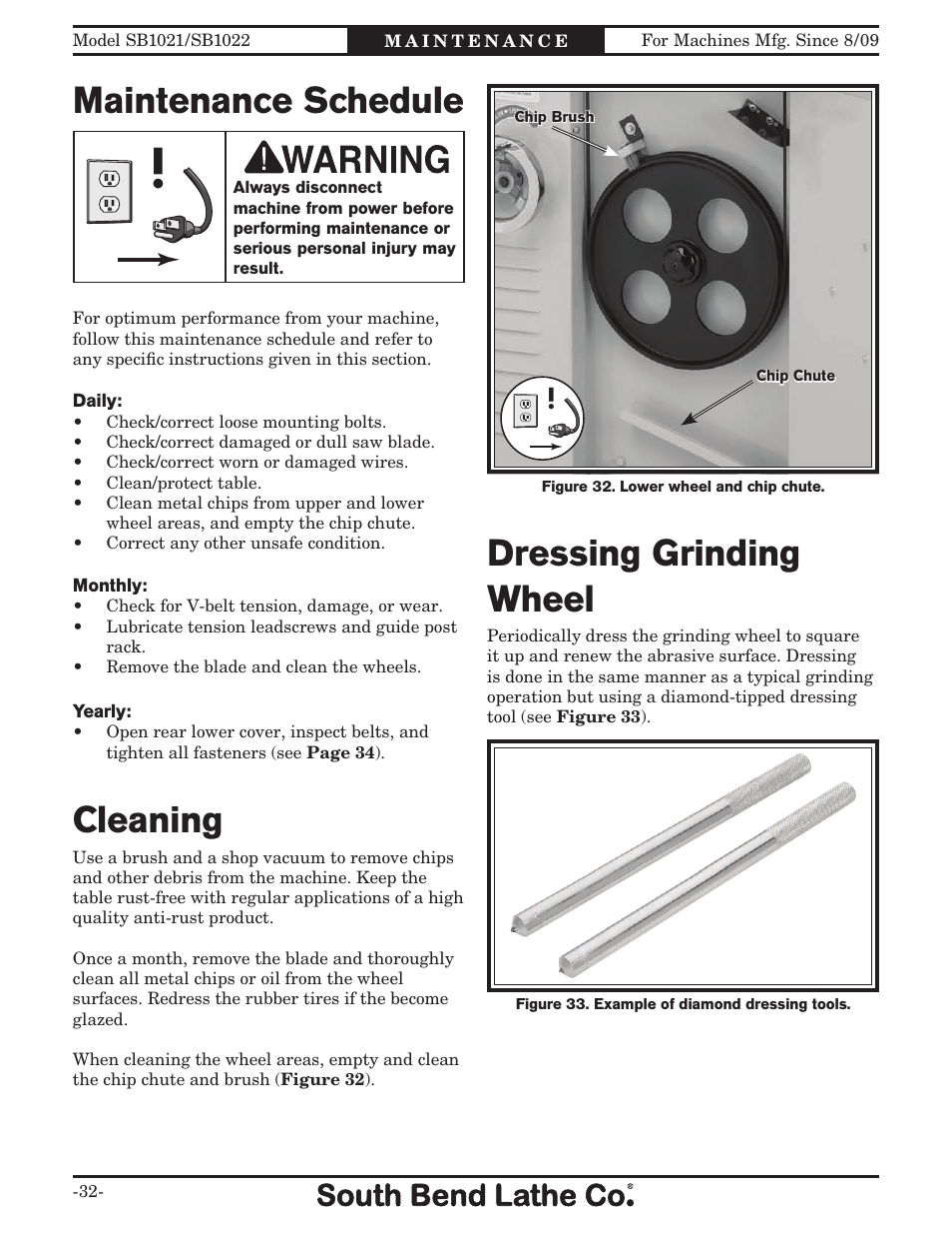 Maintenance schedule, Cleaning, Dressing grinding wheel | Southbend SB1022 User Manual | Page 34 / 64