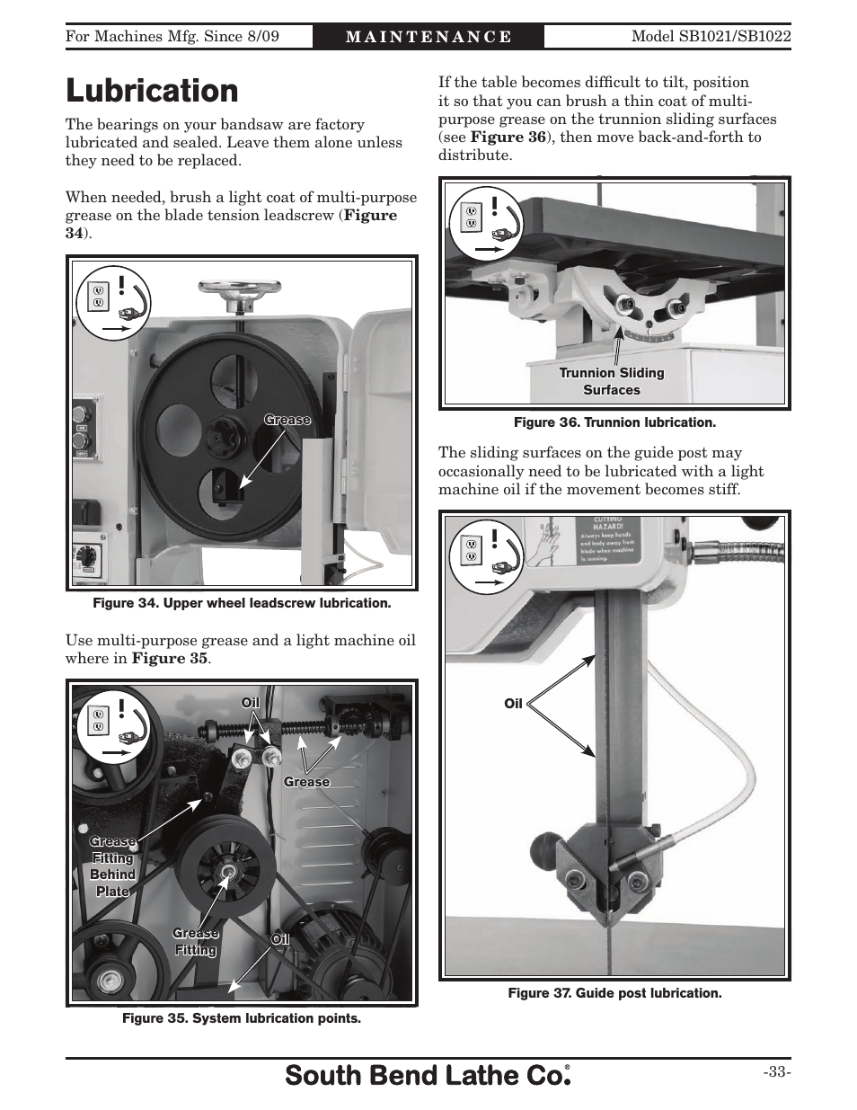 Lubrication | Southbend SB1022 User Manual | Page 35 / 64