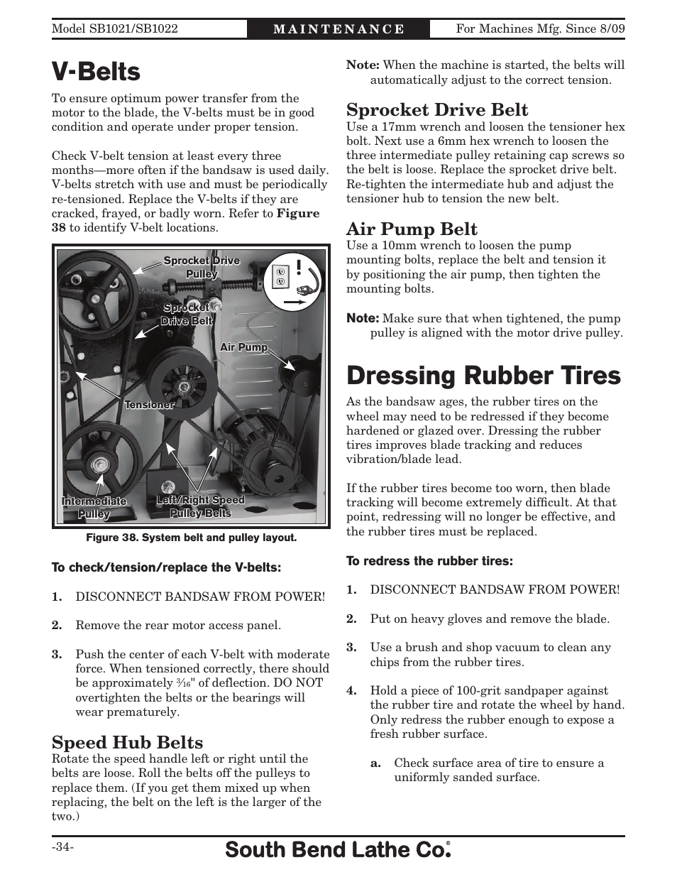 V-belts, Dressing rubber tires, Sprocket drive belt | Air pump belt, Speed hub belts | Southbend SB1022 User Manual | Page 36 / 64