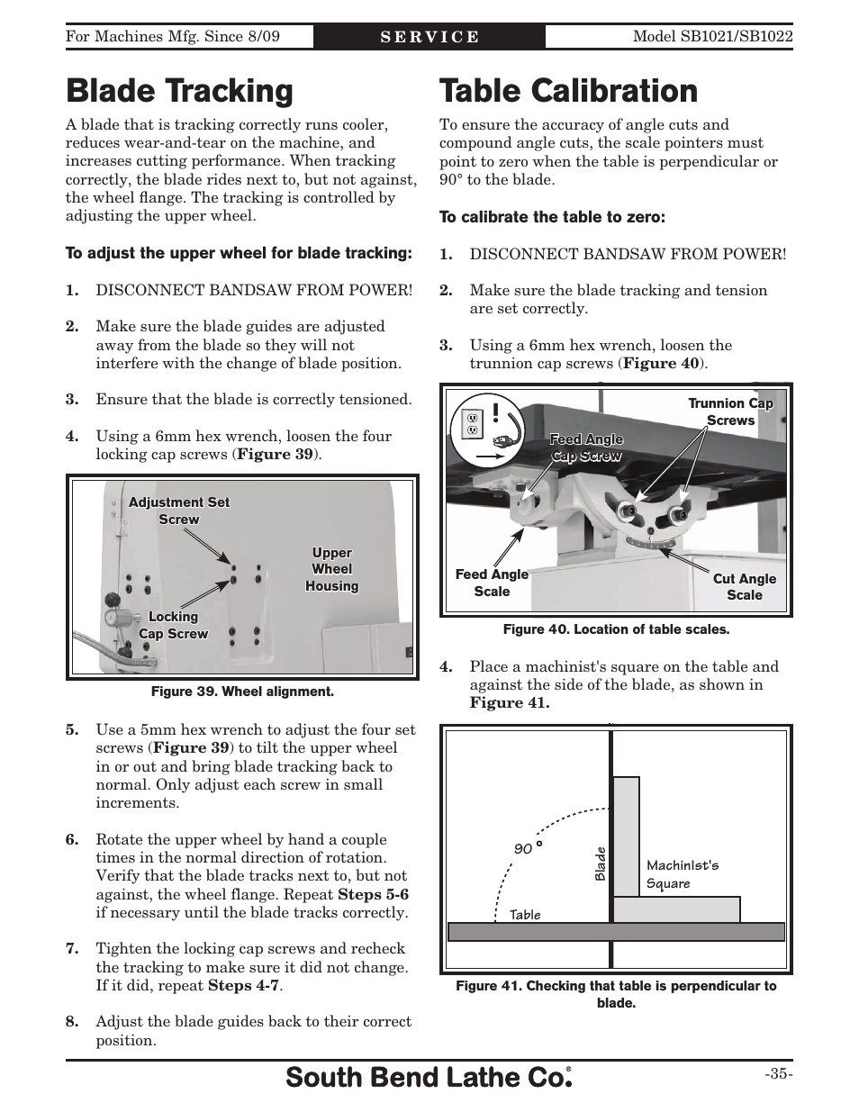 Blade tracking, Table calibration | Southbend SB1022 User Manual | Page 37 / 64