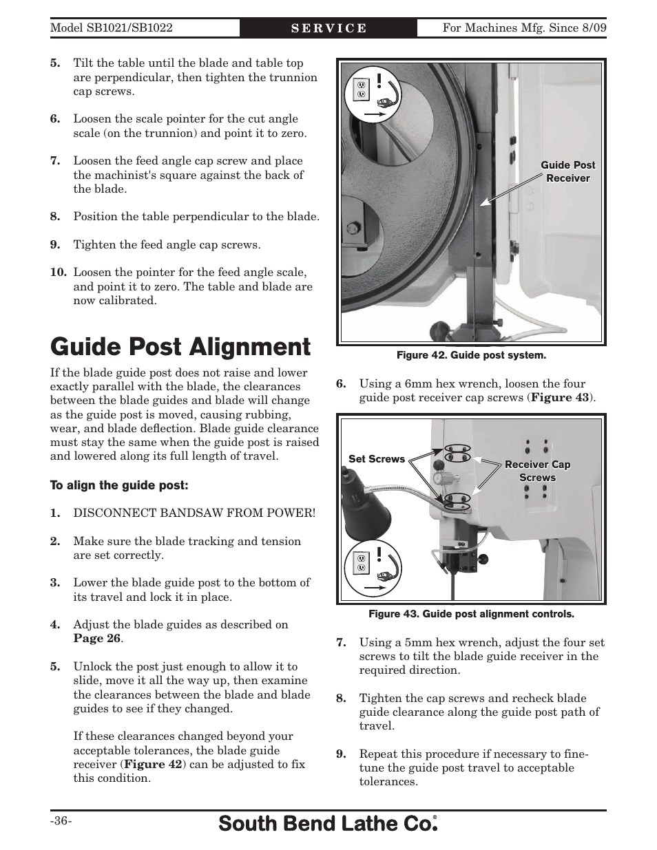 Guide post alignment | Southbend SB1022 User Manual | Page 38 / 64