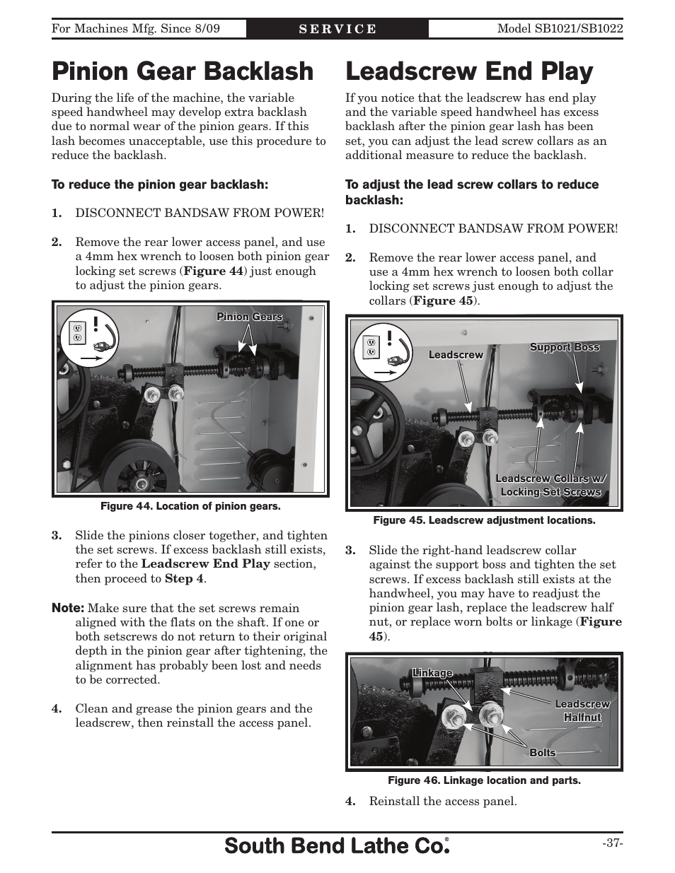 Pinion gear backlash, Leadscrew end play | Southbend SB1022 User Manual | Page 39 / 64