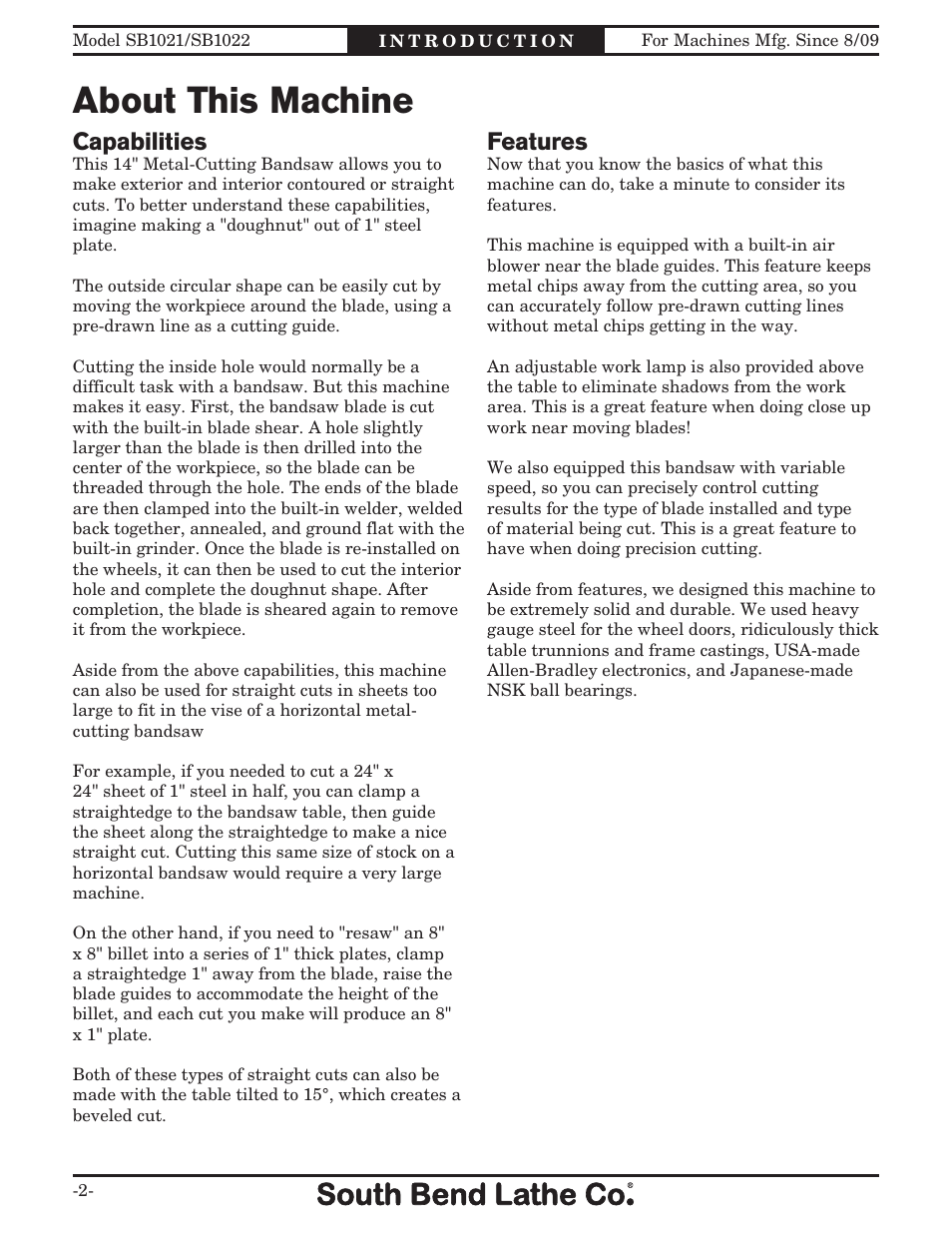 About this machine, Capabilities, Features | Southbend SB1022 User Manual | Page 4 / 64