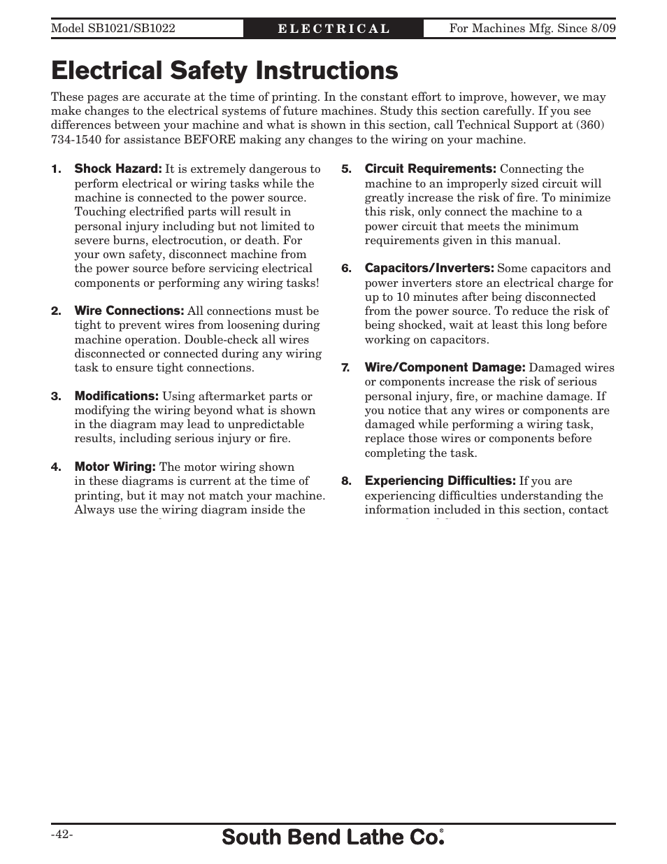 Electrical safety instructions | Southbend SB1022 User Manual | Page 44 / 64