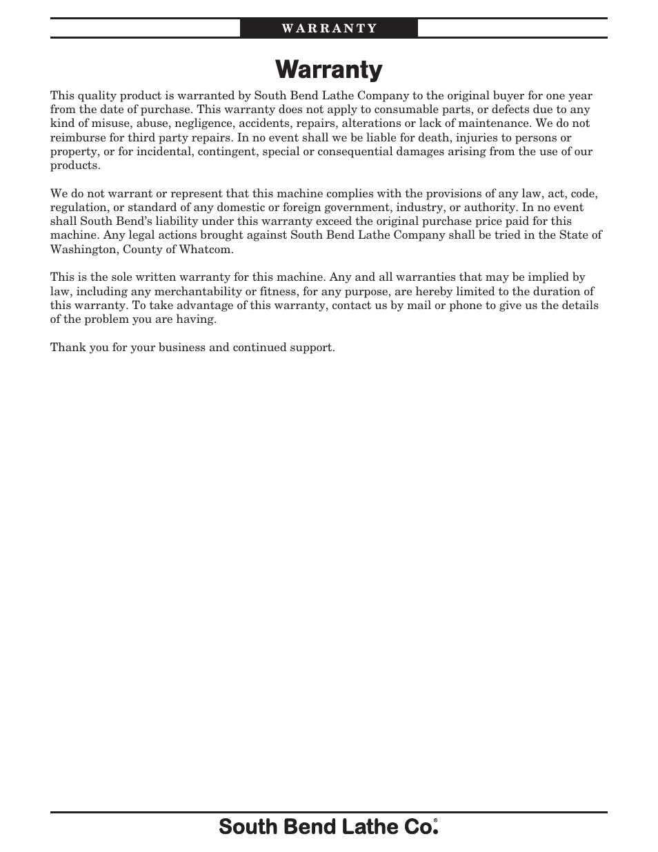 Warranty | Southbend SB1022 User Manual | Page 63 / 64