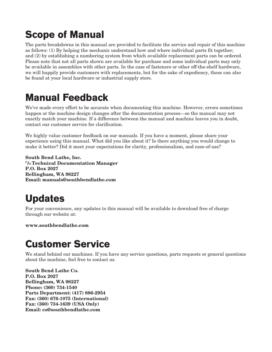 Customer service, Updates, Scope of manual | Manual feedback | Southbend SB1014 User Manual | Page 106 / 144