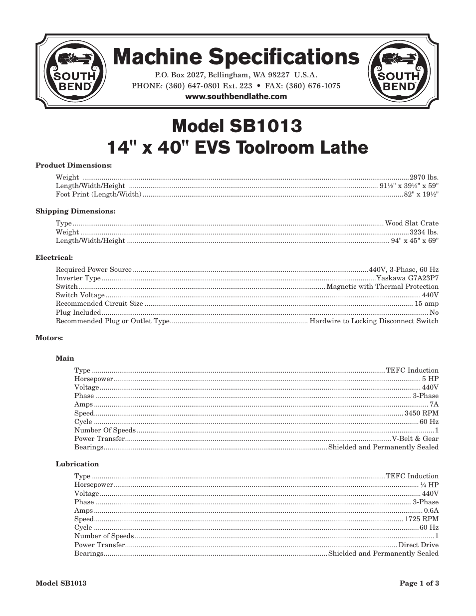 Machine specifications | Southbend SB1014 User Manual | Page 85 / 144