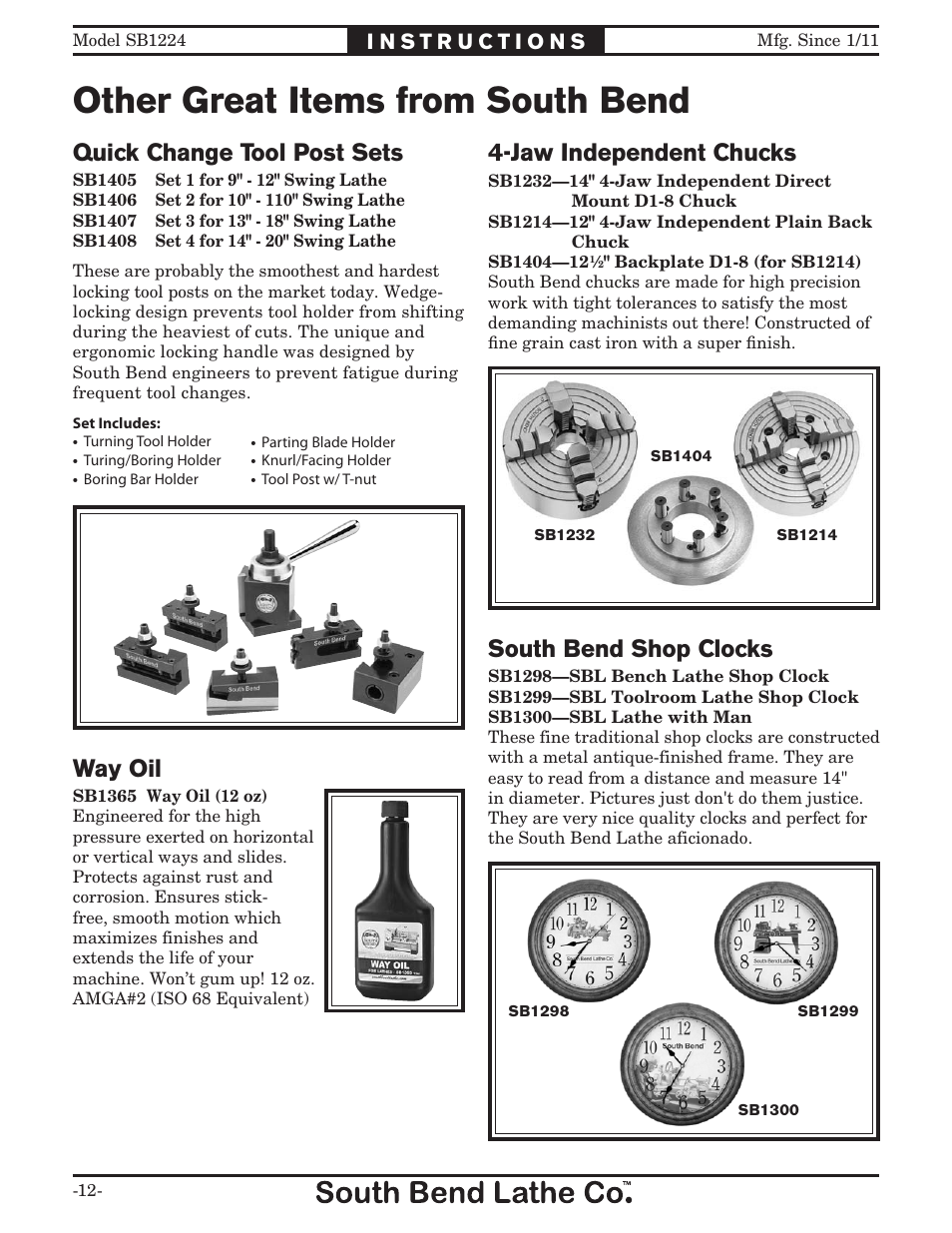 Other great items from south bend, Quick change tool post sets, Way oil | South bend shop clocks, Jaw independent chucks | Southbend SB1224 User Manual | Page 12 / 12