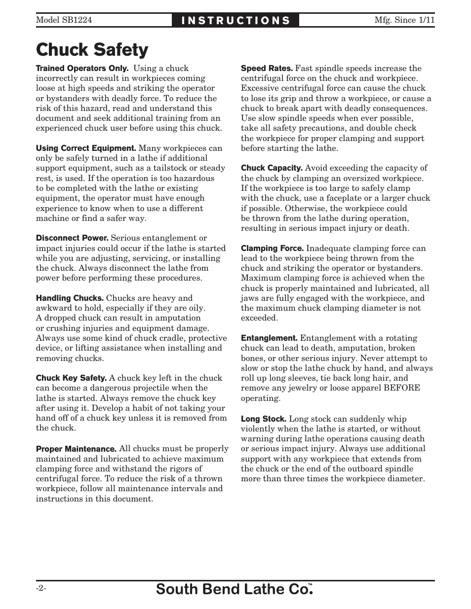 Chuck safety | Southbend SB1224 User Manual | Page 2 / 12