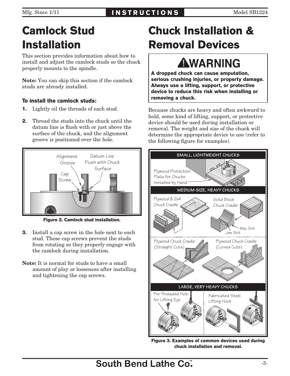 Chuck installation & removal devices, Camlock stud installation | Southbend SB1224 User Manual | Page 3 / 12