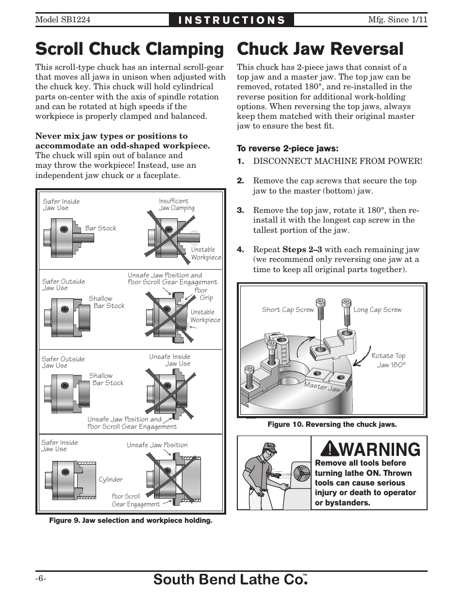 Scroll chuck clamping, Chuck jaw reversal | Southbend SB1224 User Manual | Page 6 / 12