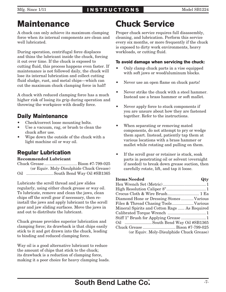 Maintenance, Chuck service, Daily maintenance regular lubrication | Southbend SB1224 User Manual | Page 7 / 12