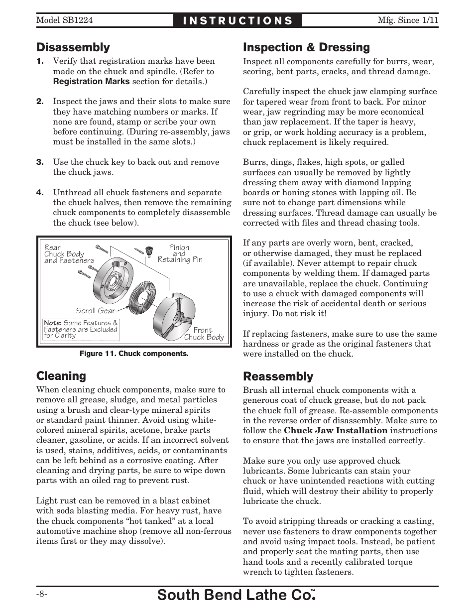 Cleaning, Reassembly, Inspection & dressing disassembly | Southbend SB1224 User Manual | Page 8 / 12