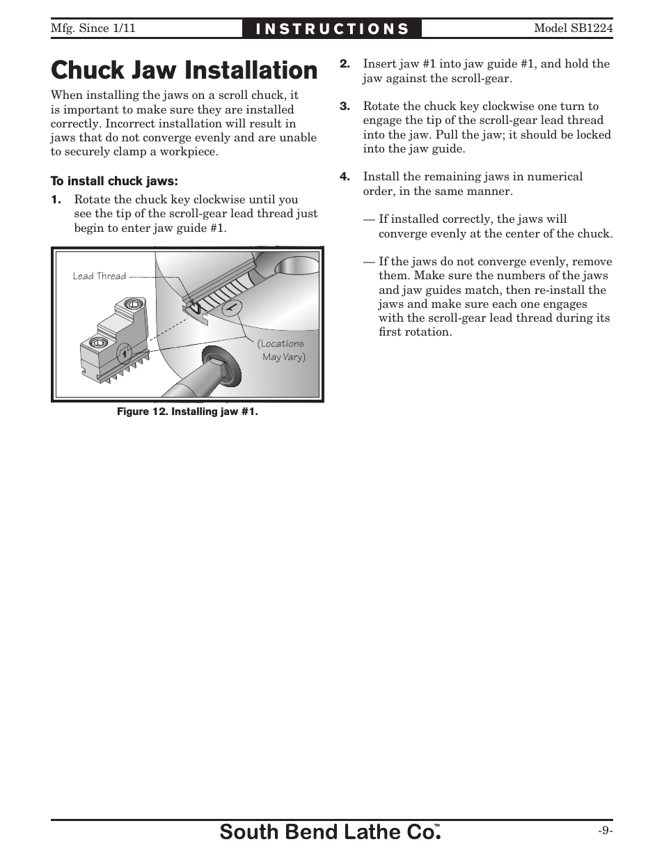 Chuck jaw installation | Southbend SB1224 User Manual | Page 9 / 12