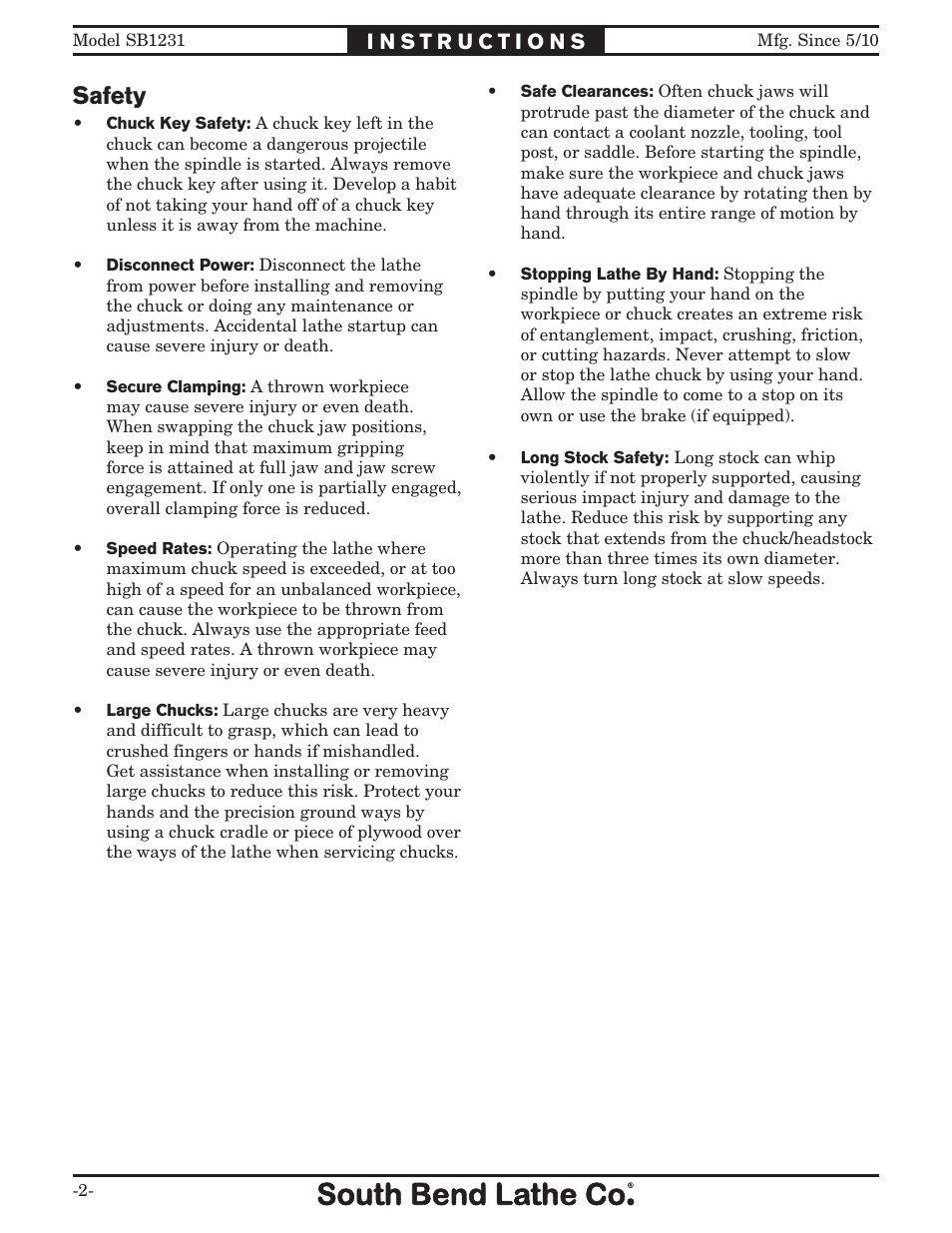 Safety | Southbend SB1231 User Manual | Page 2 / 8