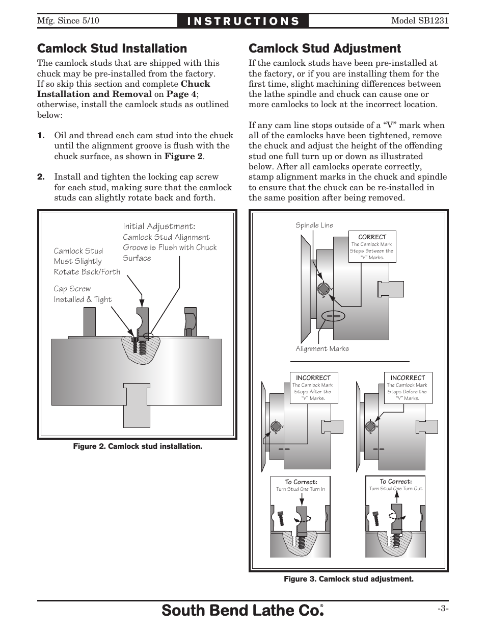 Camlock stud installation, Camlock stud adjustment | Southbend SB1231 User Manual | Page 3 / 8