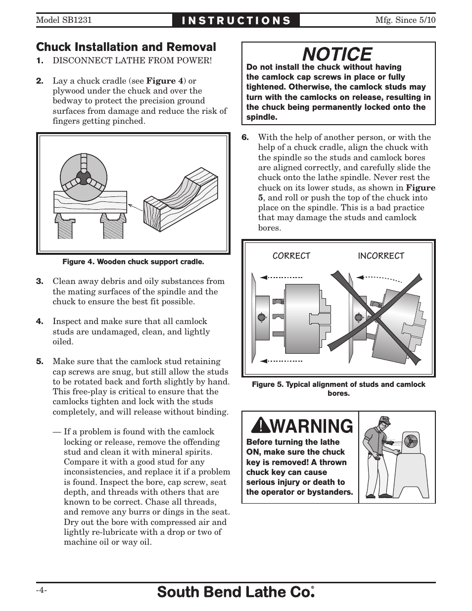 Chuck installation and removal | Southbend SB1231 User Manual | Page 4 / 8