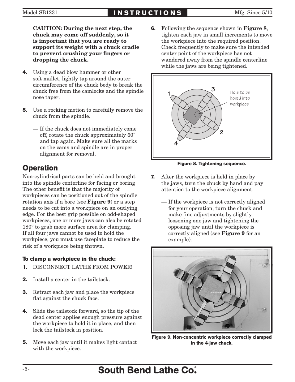 Operation | Southbend SB1231 User Manual | Page 6 / 8