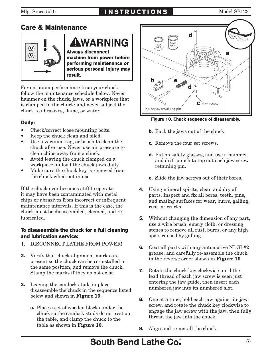 Care & maintenance | Southbend SB1231 User Manual | Page 7 / 8