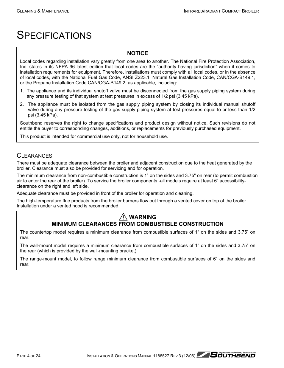 Pecifications | Southbend P32-NFR User Manual | Page 4 / 24