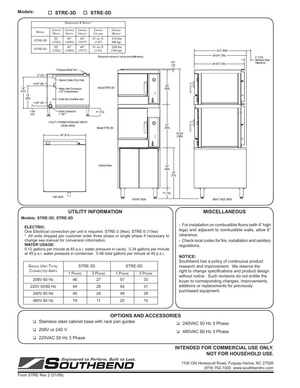 Stre-3d, Miscellaneous utility information, Options and accessories | Southbend STRE-3D User Manual | Page 2 / 2