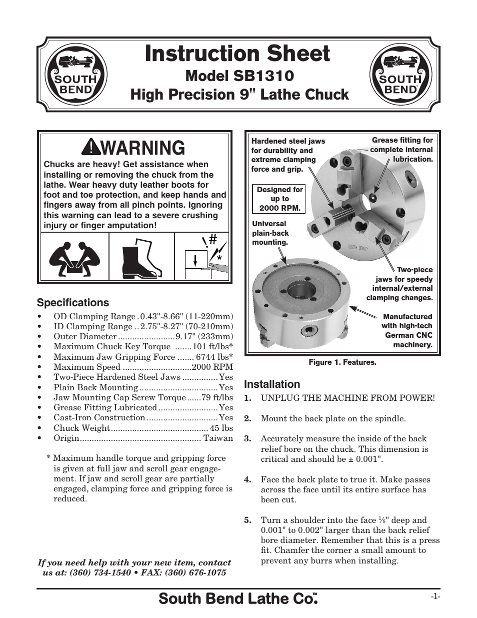 Southbend High Precision 9" Lathe Chuck SB1310 User Manual | 4 pages