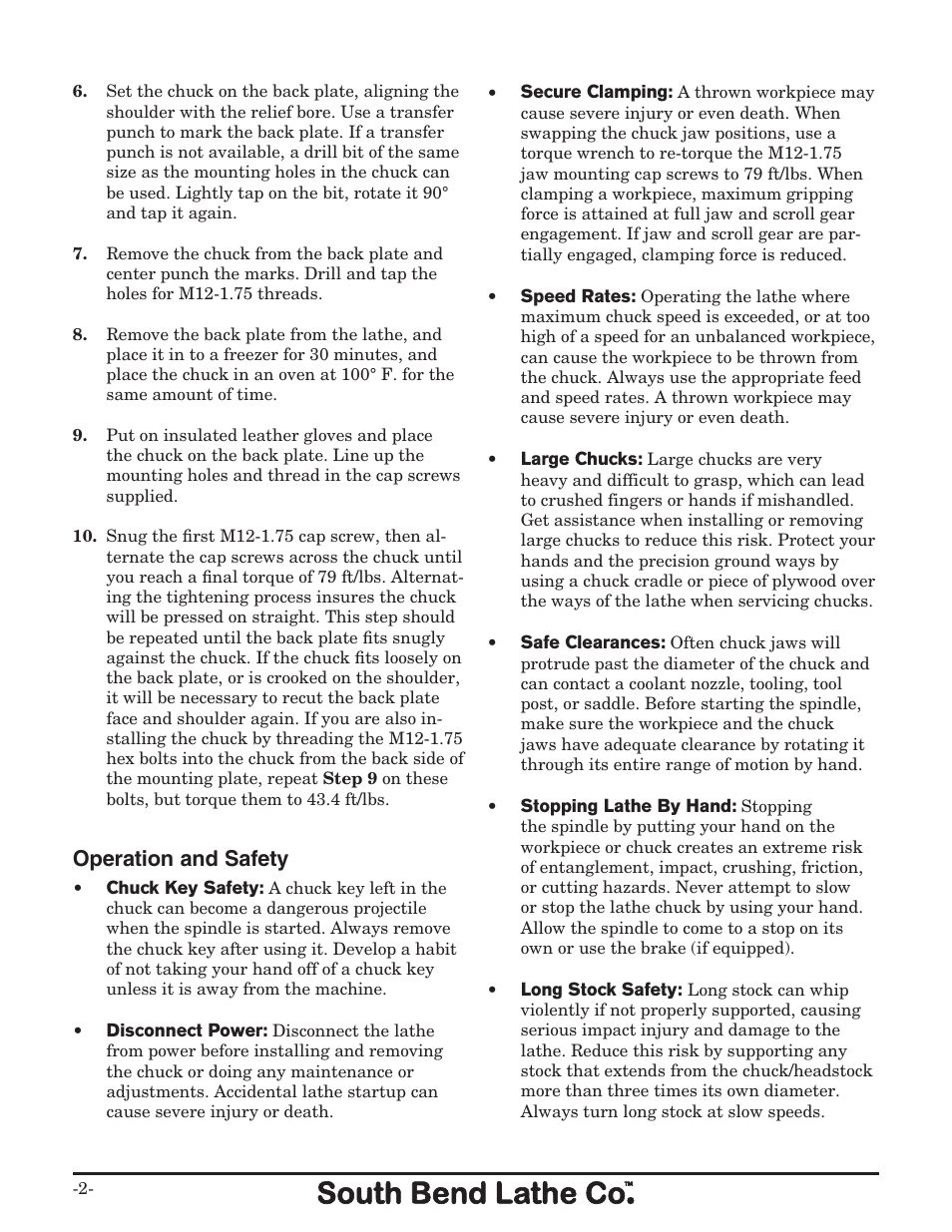 Operation and safety | Southbend High Precision 9" Lathe Chuck SB1310 User Manual | Page 2 / 4