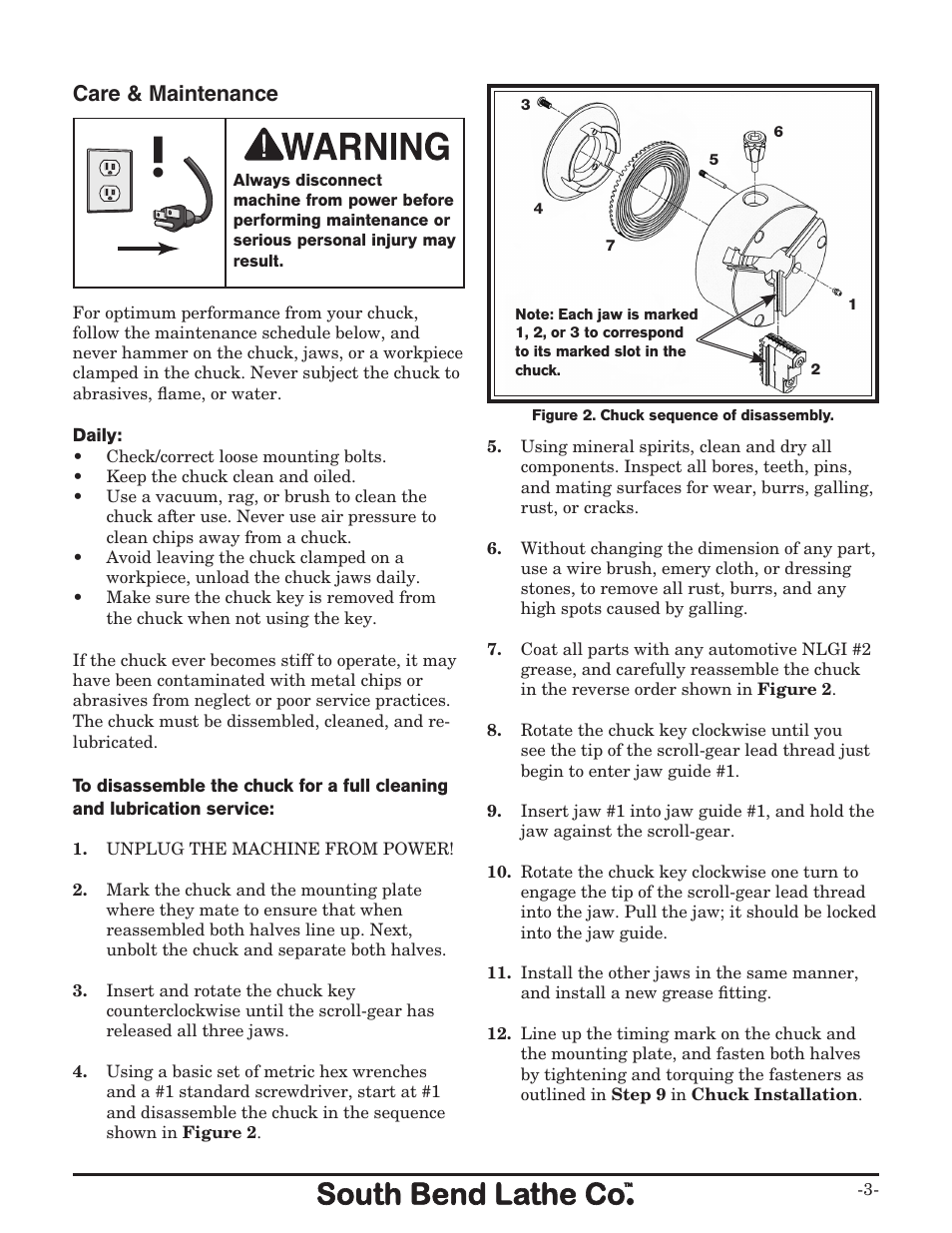 Care & maintenance | Southbend High Precision 9" Lathe Chuck SB1310 User Manual | Page 3 / 4