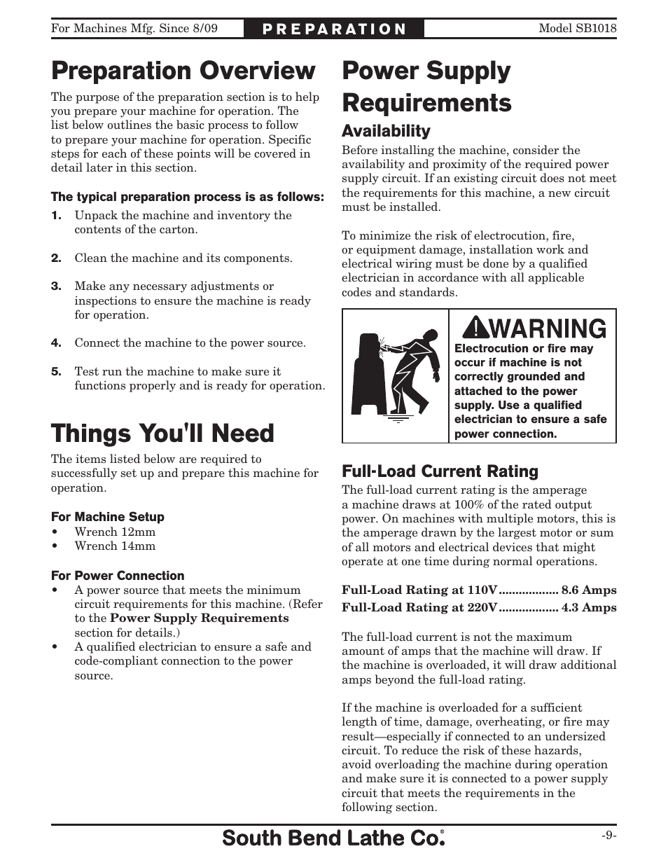 Preparation overview, Things you'll need, Power supply requirements | Availability, Full-load current rating | Southbend Swivel Mast Bandsaw sb1018 User Manual | Page 11 / 56