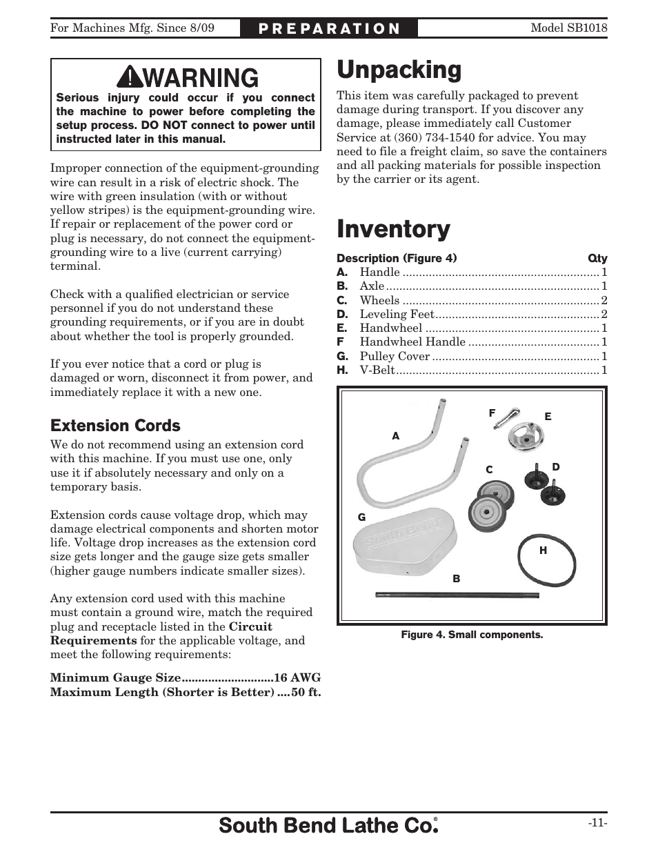 Inventory unpacking, Extension cords | Southbend Swivel Mast Bandsaw sb1018 User Manual | Page 13 / 56