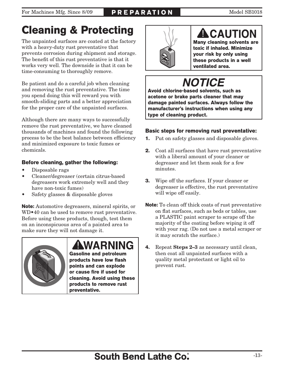 Cleaning & protecting | Southbend Swivel Mast Bandsaw sb1018 User Manual | Page 15 / 56
