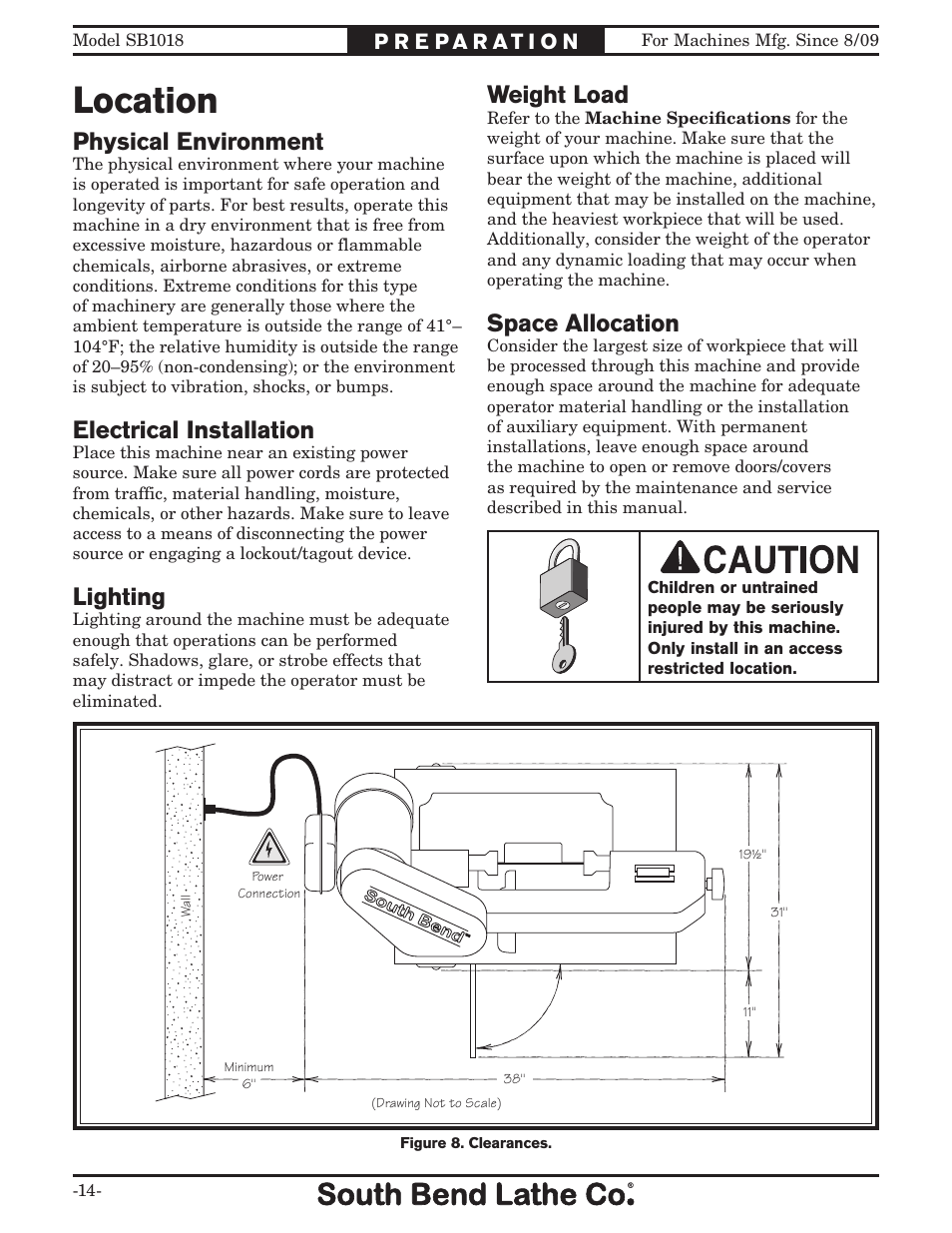 Location, Weight load, Space allocation | Physical environment, Electrical installation, Lighting | Southbend Swivel Mast Bandsaw sb1018 User Manual | Page 16 / 56