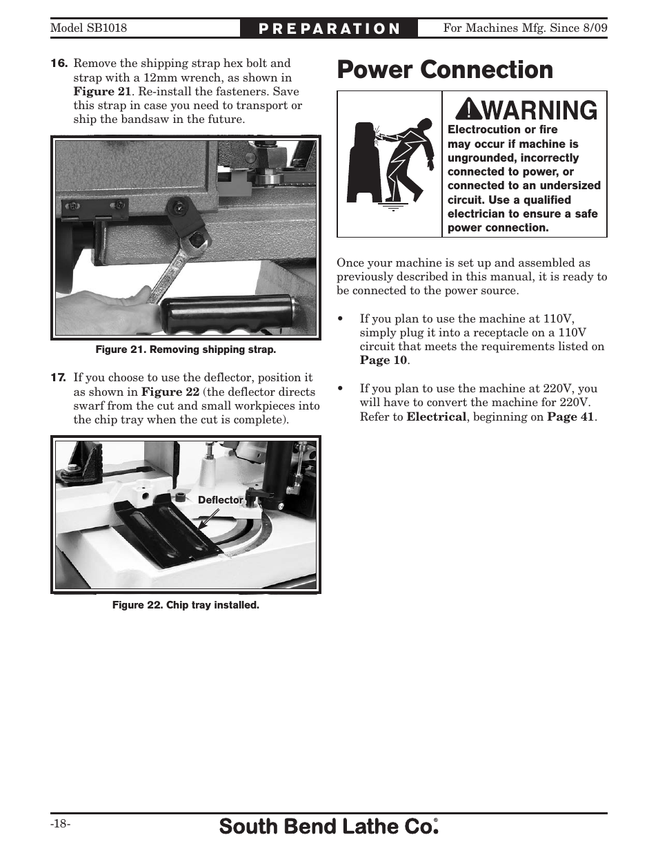 Power connection | Southbend Swivel Mast Bandsaw sb1018 User Manual | Page 20 / 56