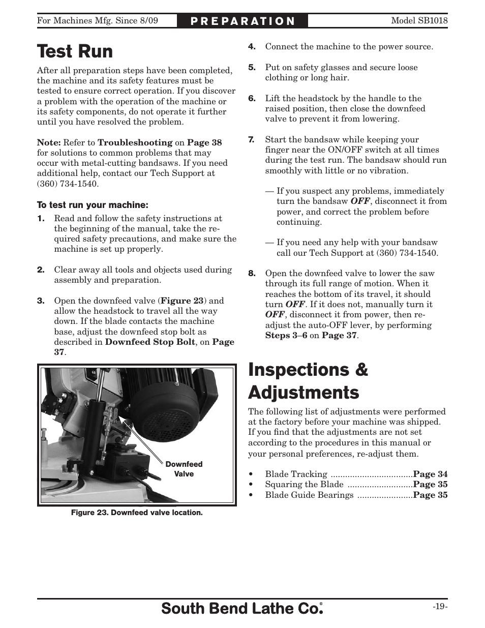 Test run, Inspections & adjustments | Southbend Swivel Mast Bandsaw sb1018 User Manual | Page 21 / 56