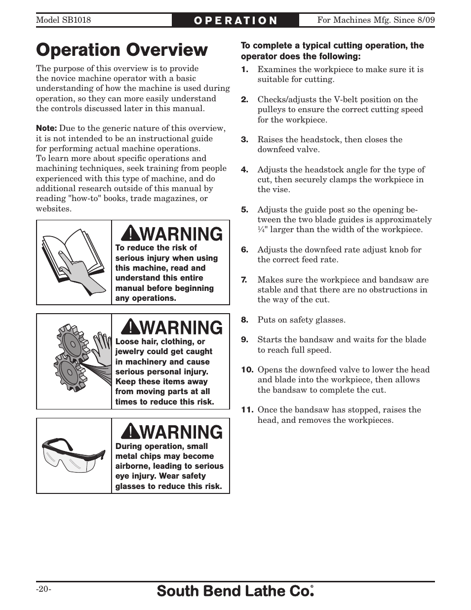 Operation overview | Southbend Swivel Mast Bandsaw sb1018 User Manual | Page 22 / 56