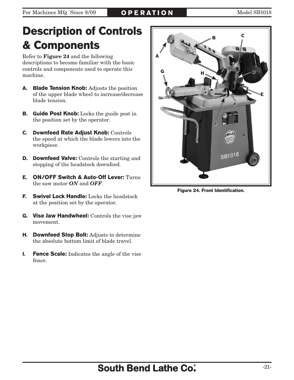 Description of controls & components | Southbend Swivel Mast Bandsaw sb1018 User Manual | Page 23 / 56