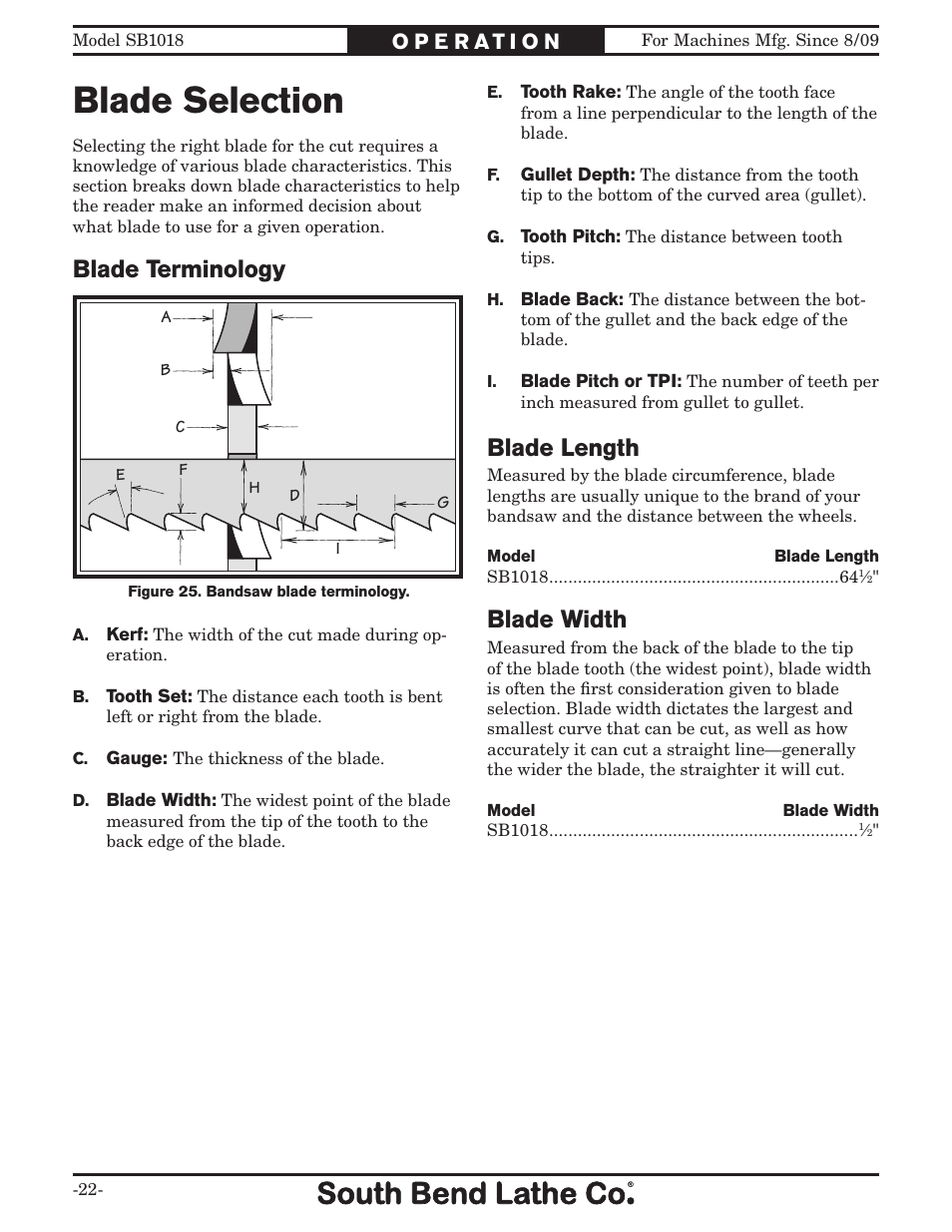 Blade selection, Blade terminology, Blade length | Blade width | Southbend Swivel Mast Bandsaw sb1018 User Manual | Page 24 / 56