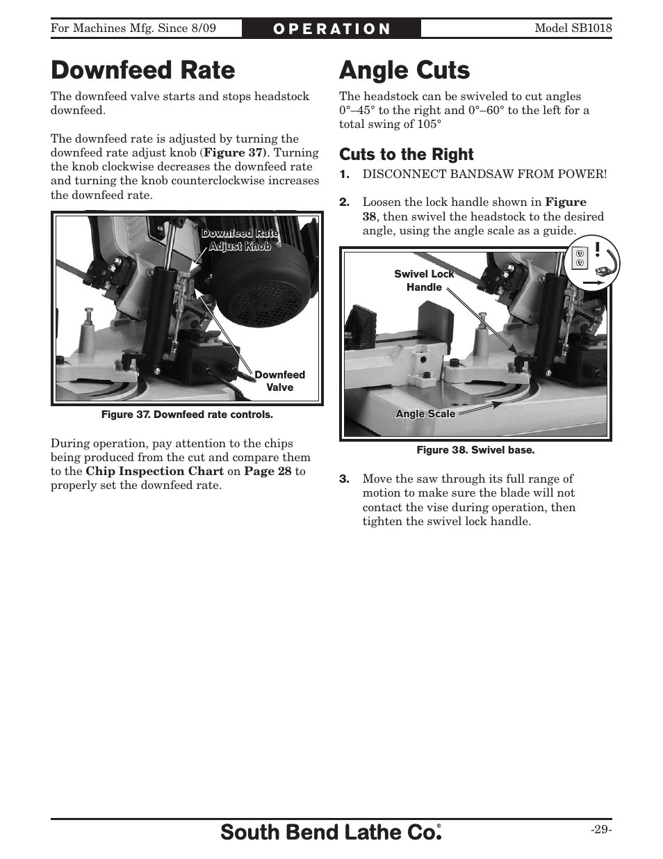 Downfeed rate, Angle cuts, Cuts to the right | Southbend Swivel Mast Bandsaw sb1018 User Manual | Page 31 / 56