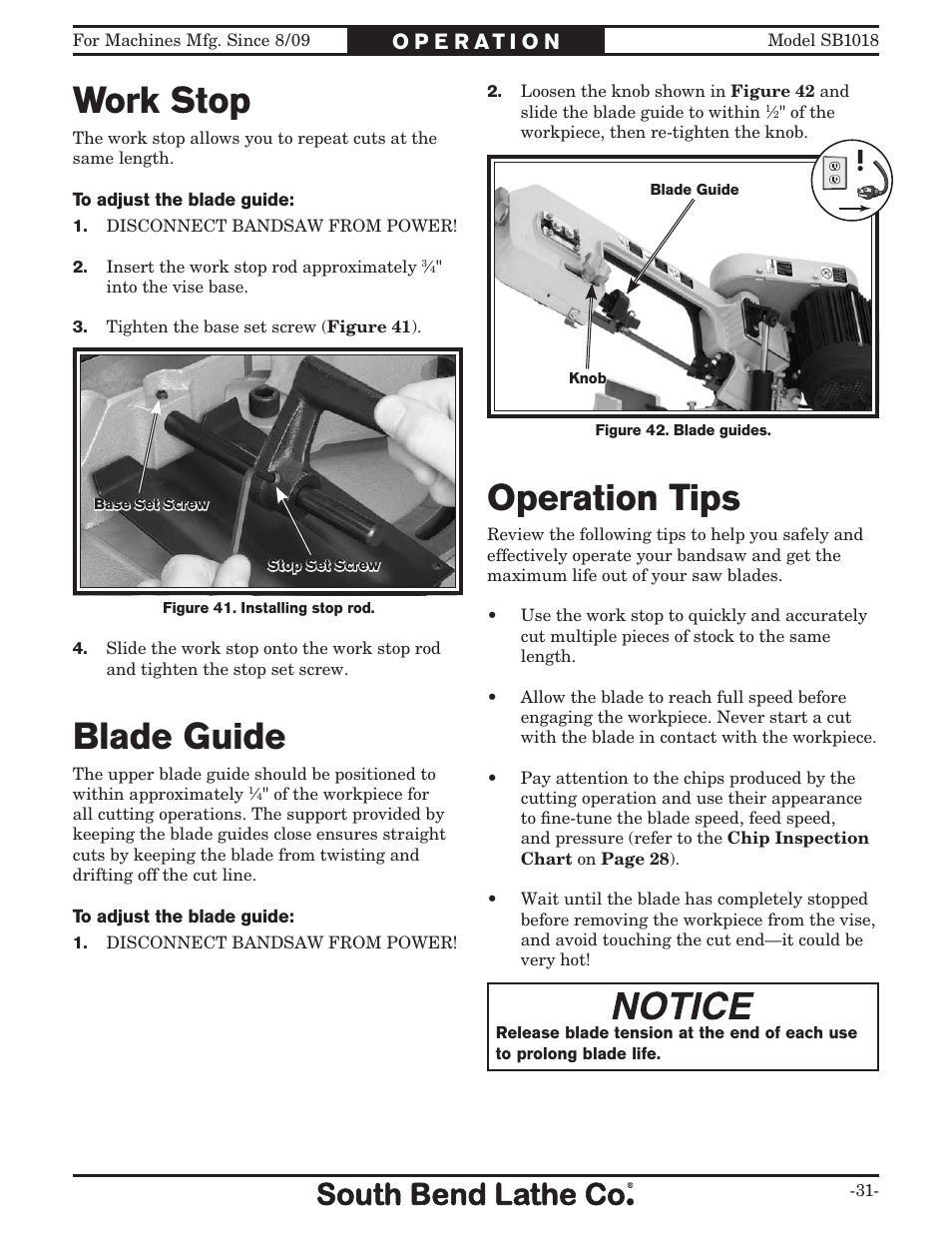 Operation tips, Blade guide, Work stop | Southbend Swivel Mast Bandsaw sb1018 User Manual | Page 33 / 56