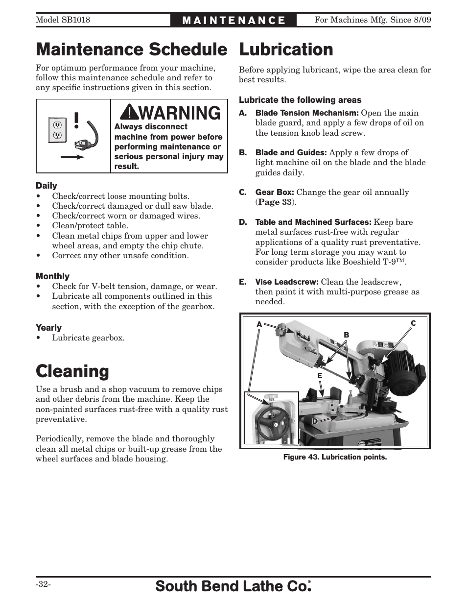 Maintenance schedule, Cleaning, Lubrication | Southbend Swivel Mast Bandsaw sb1018 User Manual | Page 34 / 56