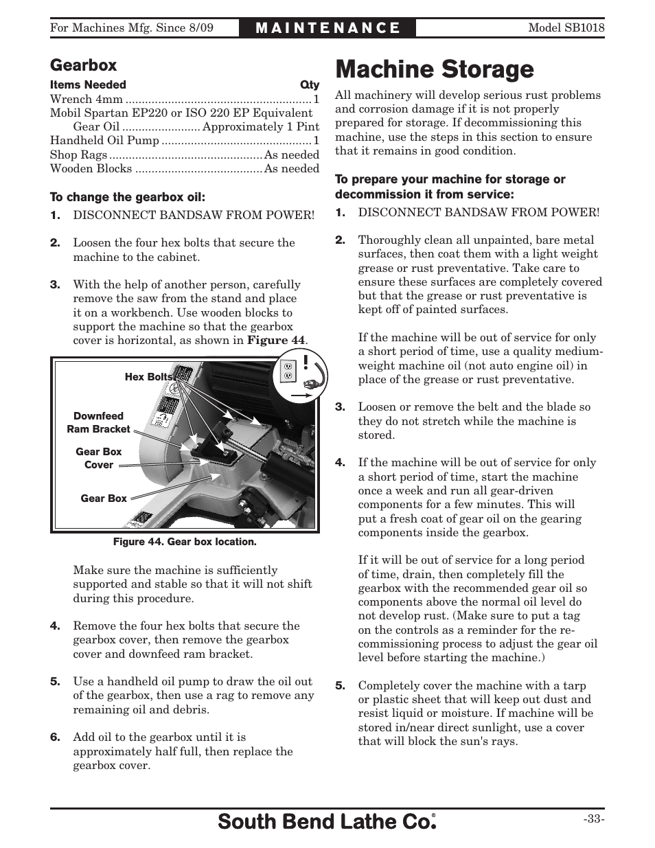 Machine storage, Gearbox | Southbend Swivel Mast Bandsaw sb1018 User Manual | Page 35 / 56