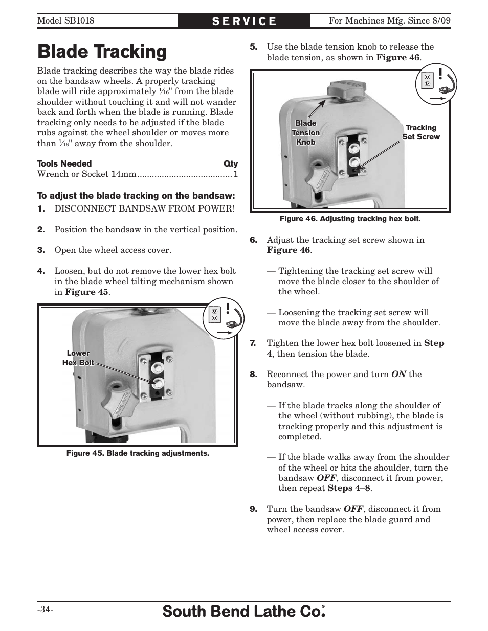 Blade tracking | Southbend Swivel Mast Bandsaw sb1018 User Manual | Page 36 / 56