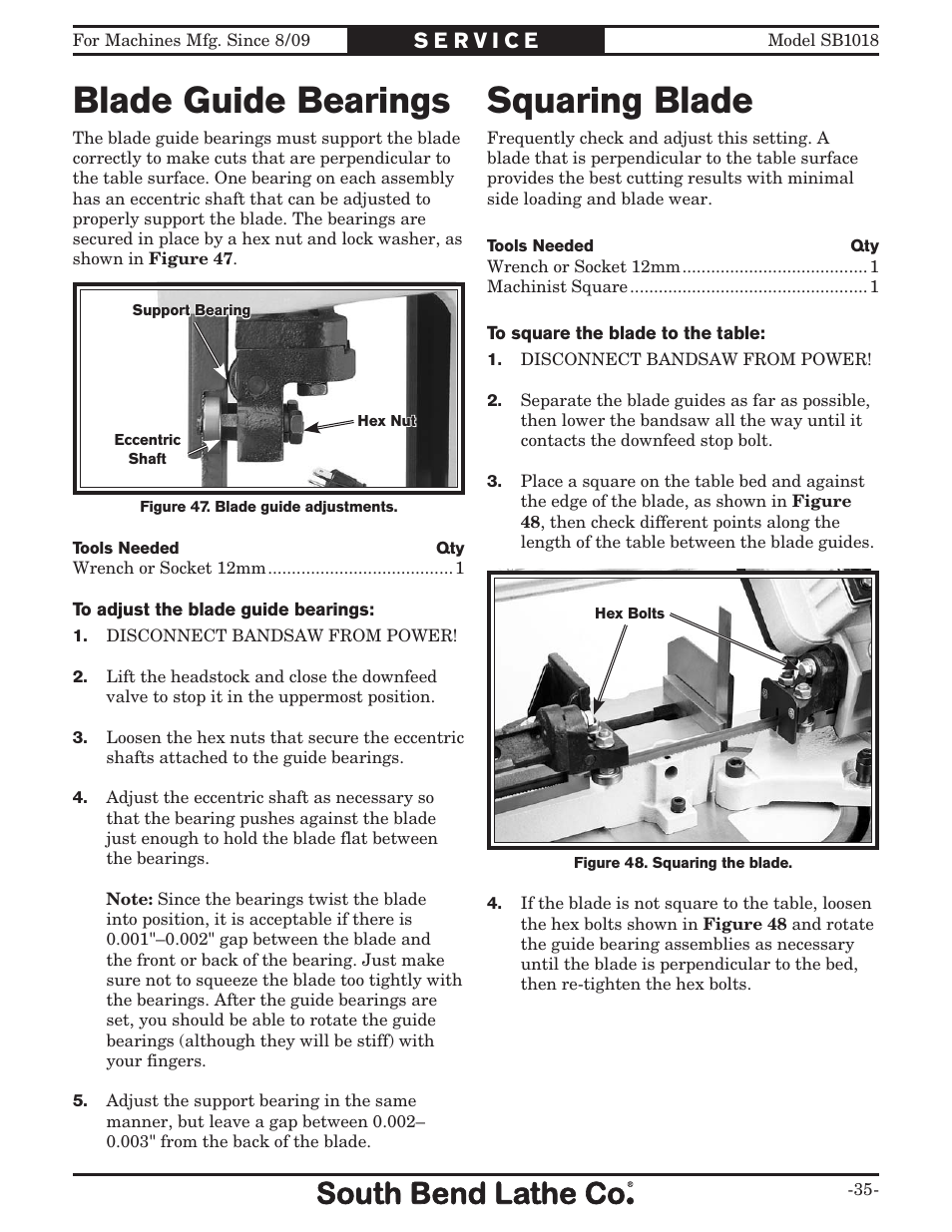 Squaring blade, Blade guide bearings | Southbend Swivel Mast Bandsaw sb1018 User Manual | Page 37 / 56